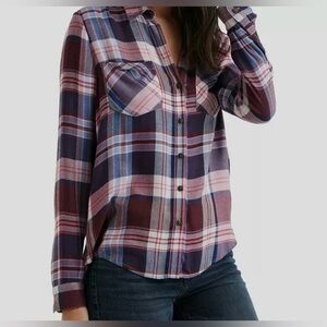 Lucky Brand Women's Plaid Button-Down Shirt - Blue and Pink, Long Sleeve Sz M